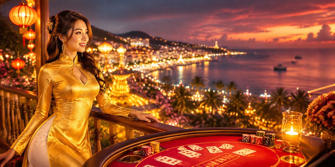 Khung cảnh Phú Quốc với người dùng chơi baccarat trên ứng dụng di động trong trang phục áo dài